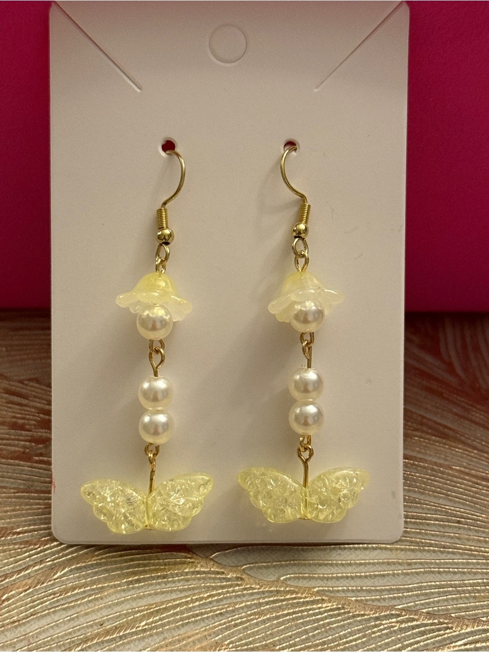 Delicate Pearl & Yellow Butterfly Drop Earrings
